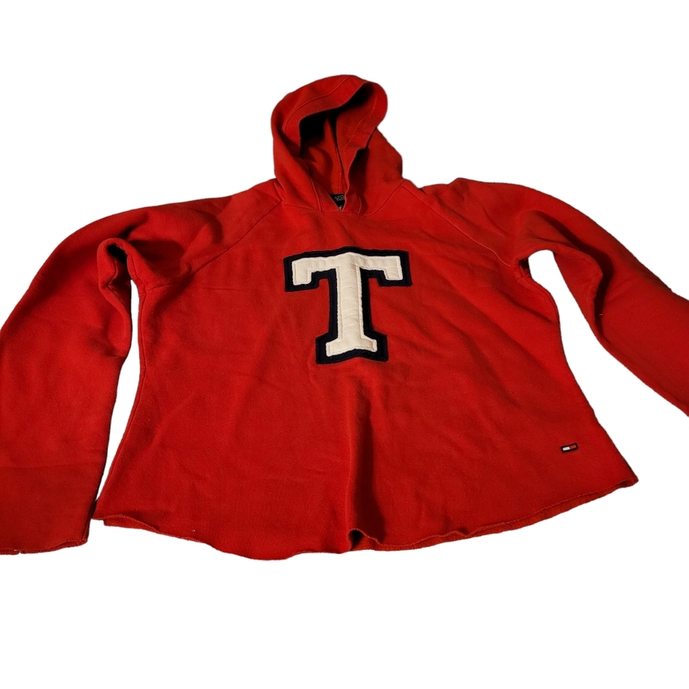 Tommy Jeans Hooded Sweatshirt XL Red with T Cutoff Style Wide Arms & Bottom Logo